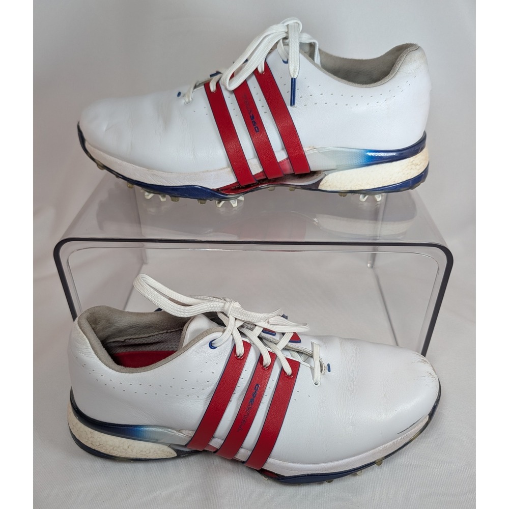 Adidas Tour360 Boost Golf Shoes Mens 9 White Red Blue Spiked Leather IE3370